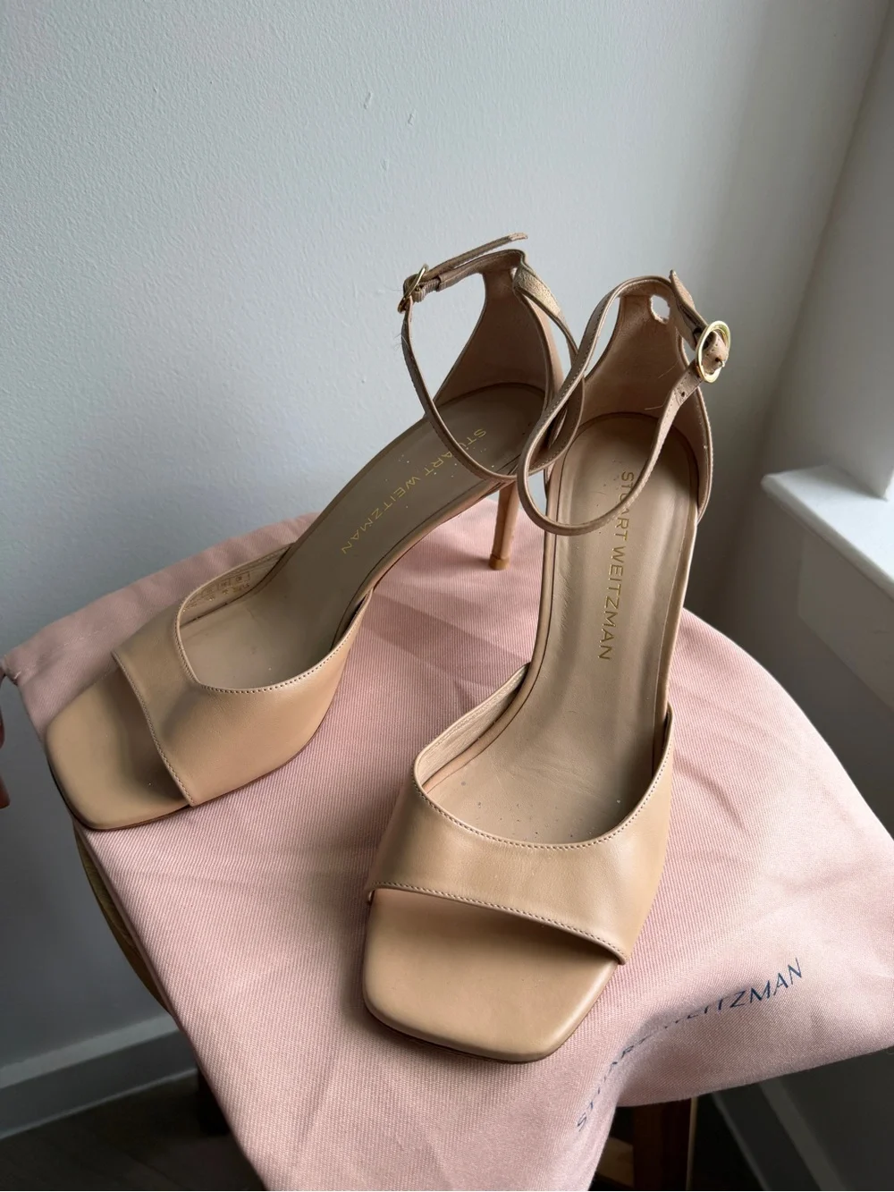 Stuart Weitzman Beige Leather Ankle-Strap Open-Toe Heels